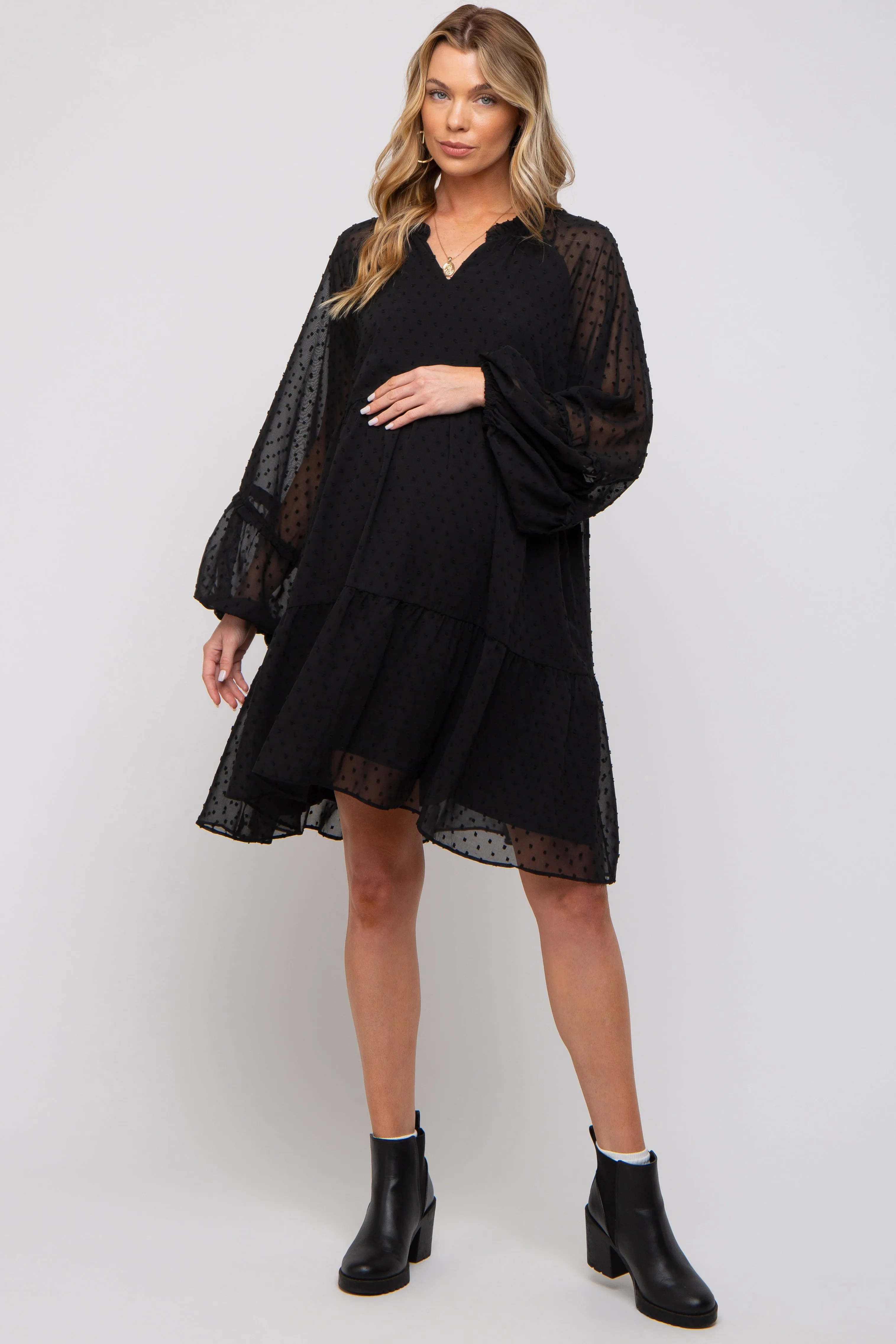 Black Swiss Dot Chiffon Tiered Maternity Dress sold by Pinkblush