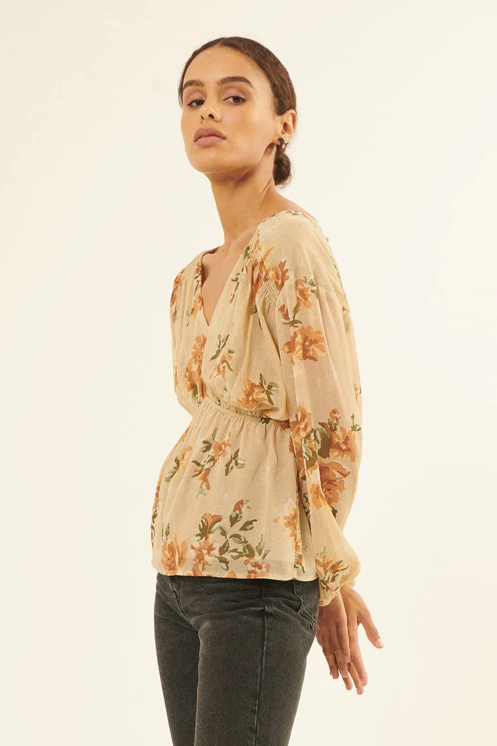 Natural Floral Chiffon Surplice-Back Peplum Peasant Top sold by Pinkblush product image thumbnail 3