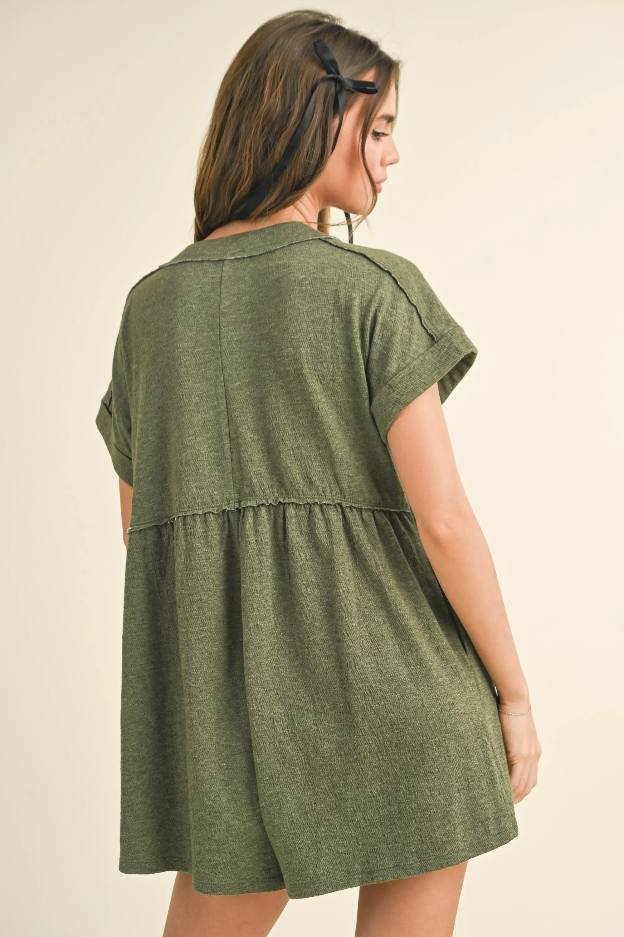 Olive Button Up Raw Hem Romper sold by Pinkblush product image thumbnail 4