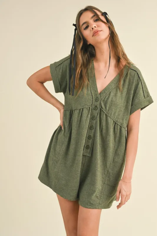 Olive Button Up Raw Hem Romper sold by Pinkblush