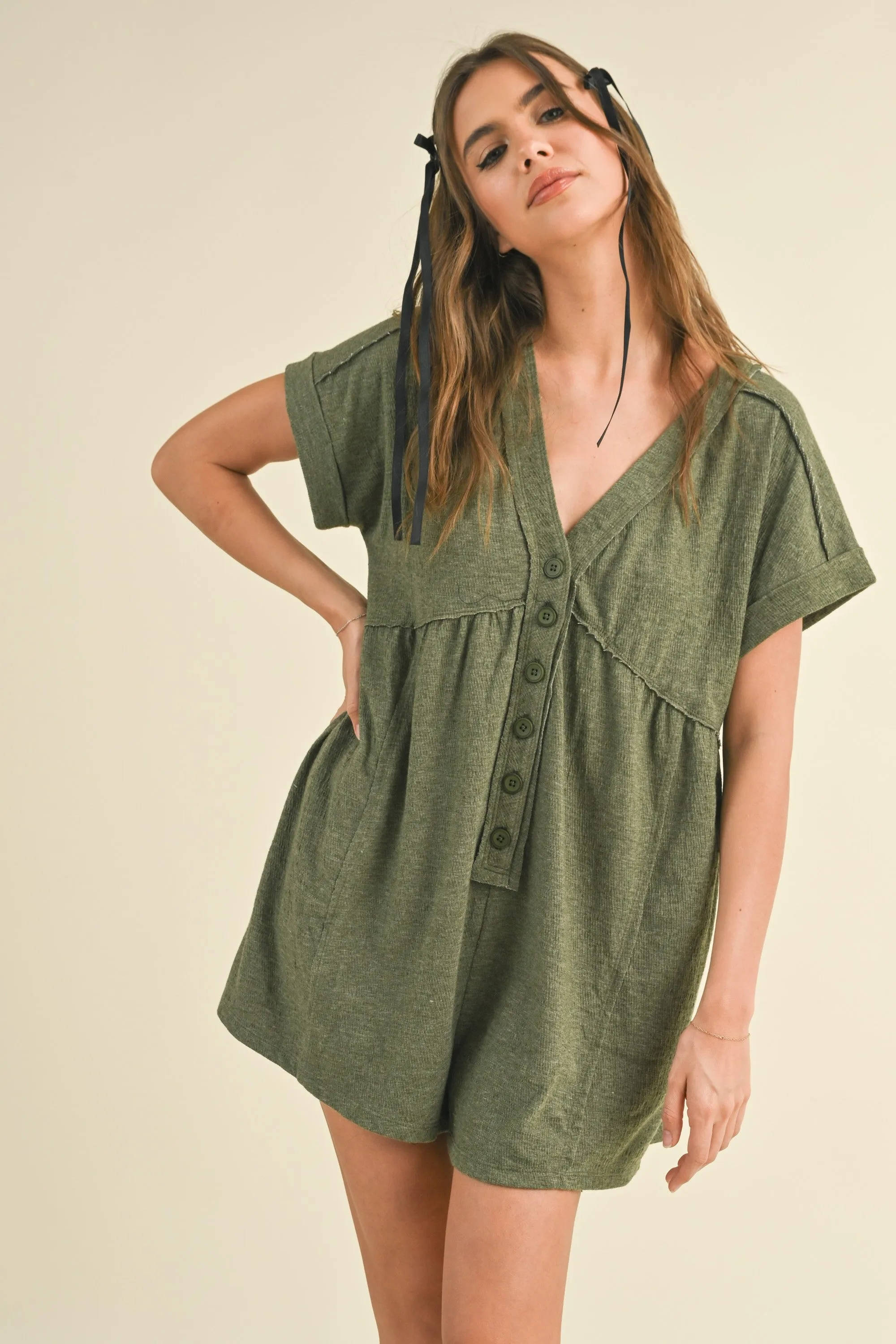 Olive Button Up Raw Hem Romper sold by Pinkblush