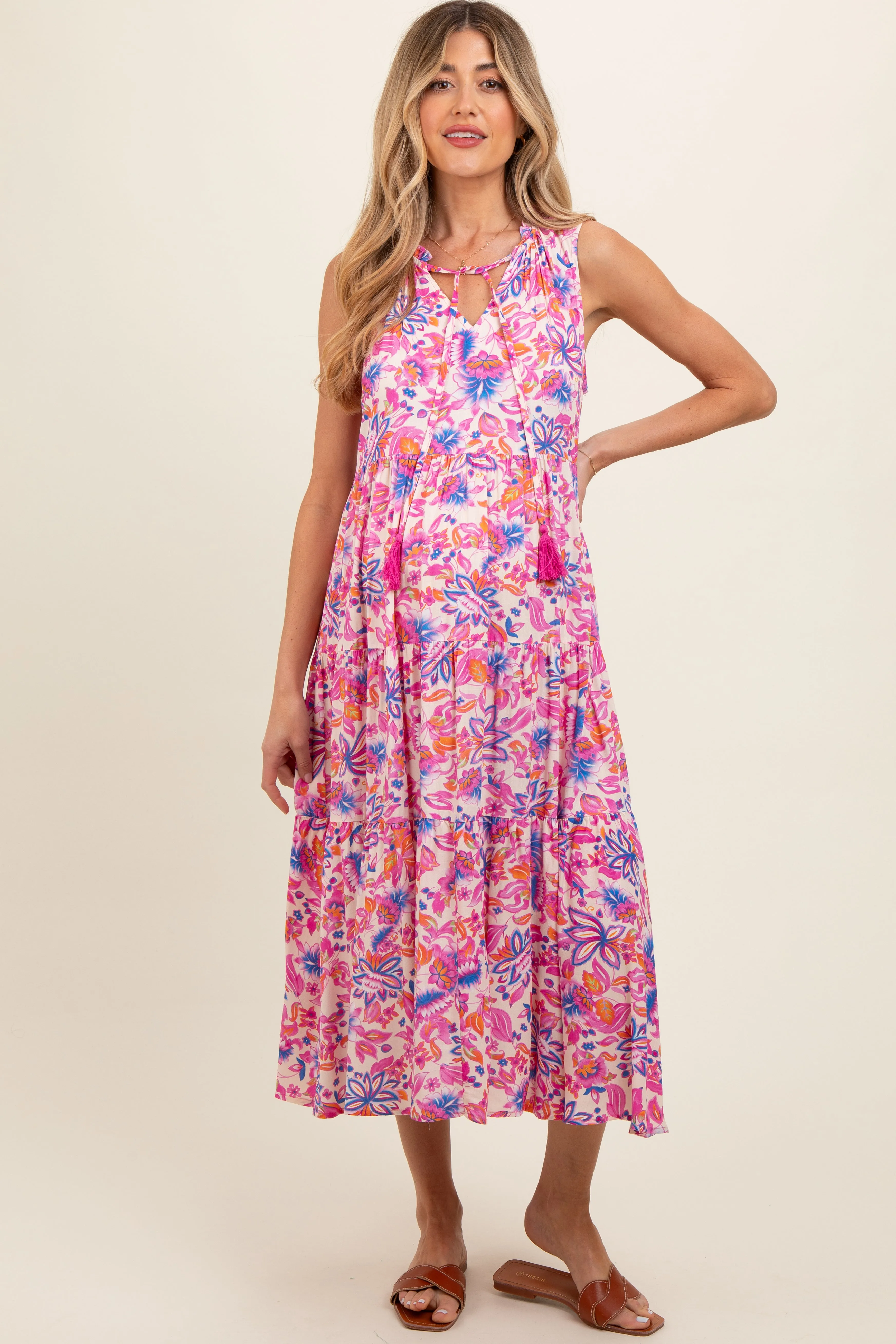 Magenta Floral Ruffle Mock Neck Tiered Sleeveless Maternity Midi Dress sold by Pinkblush