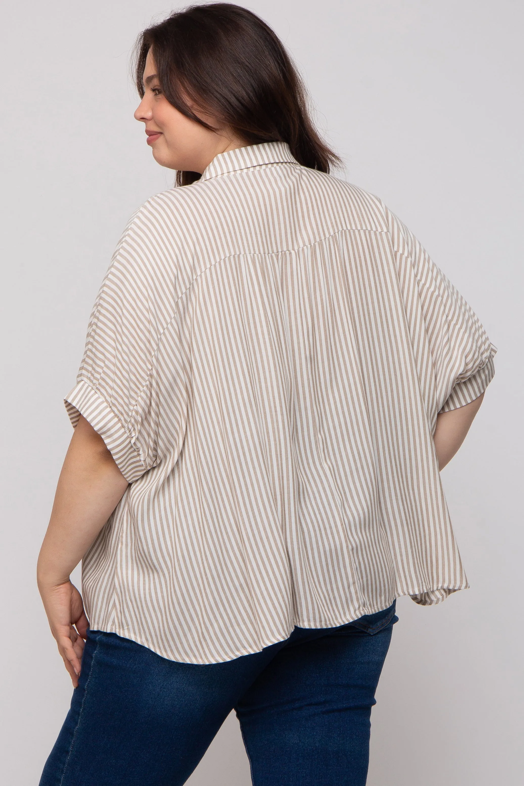 Taupe Striped Button Up Short Dolman Sleeve Maternity Plus Top sold by Pinkblush product image thumbnail 3