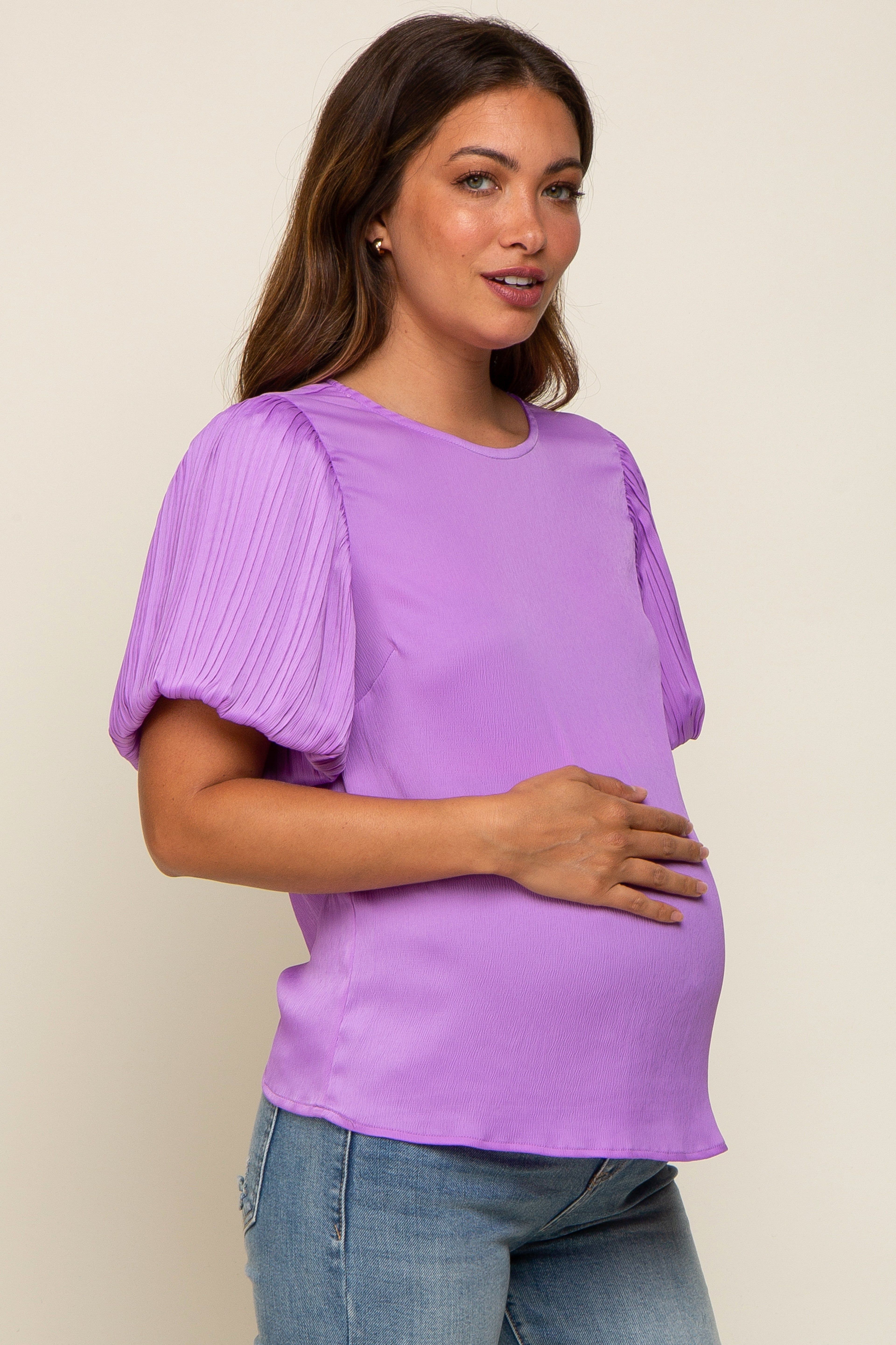 Lavender Satin Pleated Puff Short Sleeve Maternity Blouse sold by Pinkblush product image thumbnail 3