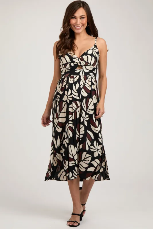 Black Palm Print Front Knot Twist Maternity Dress sold by Pinkblush