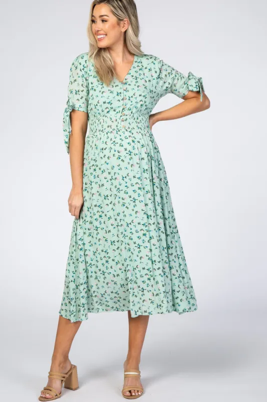 Mint Green Floral Tie Sleeve Maternity Midi Dress sold by Pinkblush