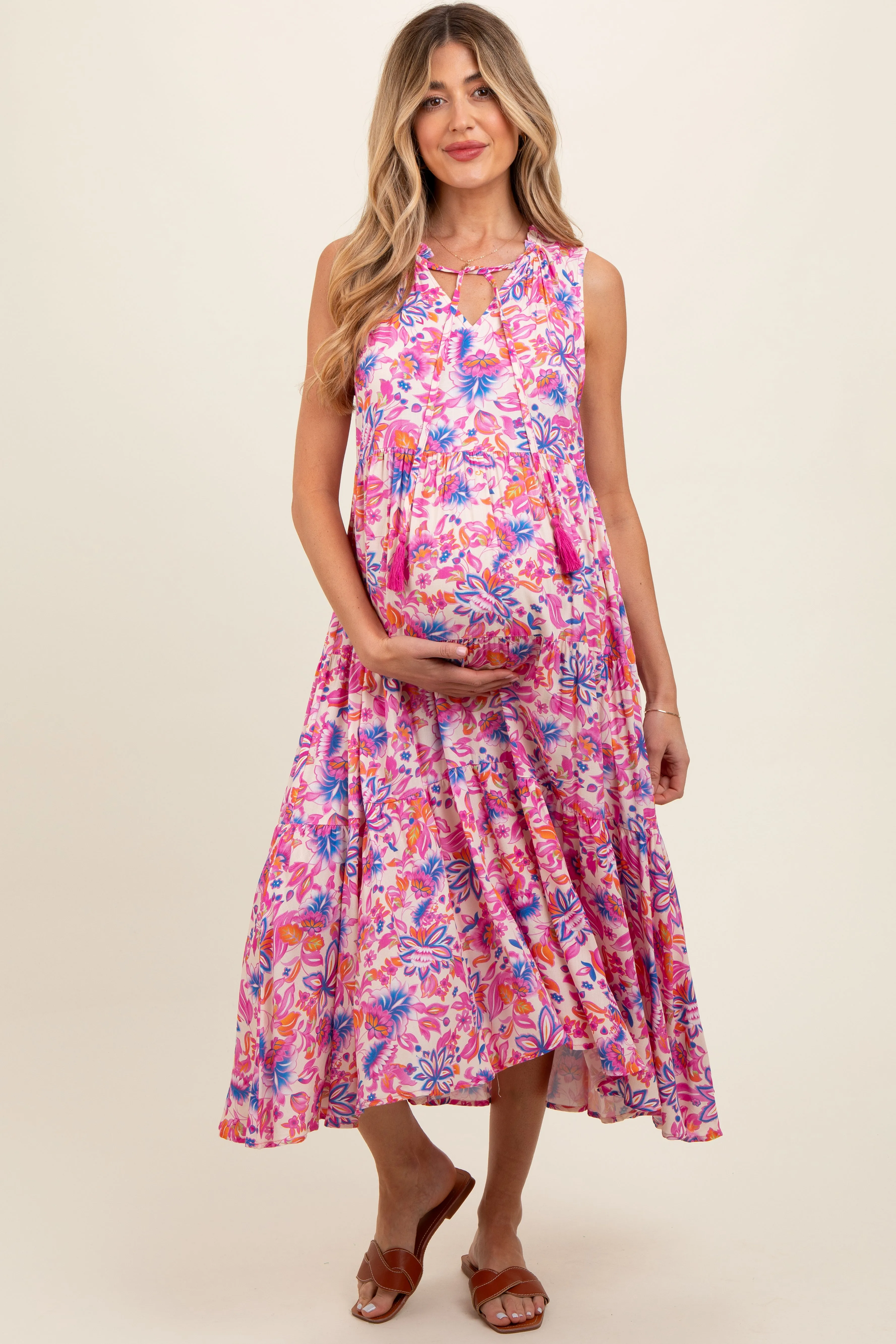 Magenta Floral Ruffle Mock Neck Tiered Sleeveless Maternity Midi Dress sold by Pinkblush product image thumbnail 2