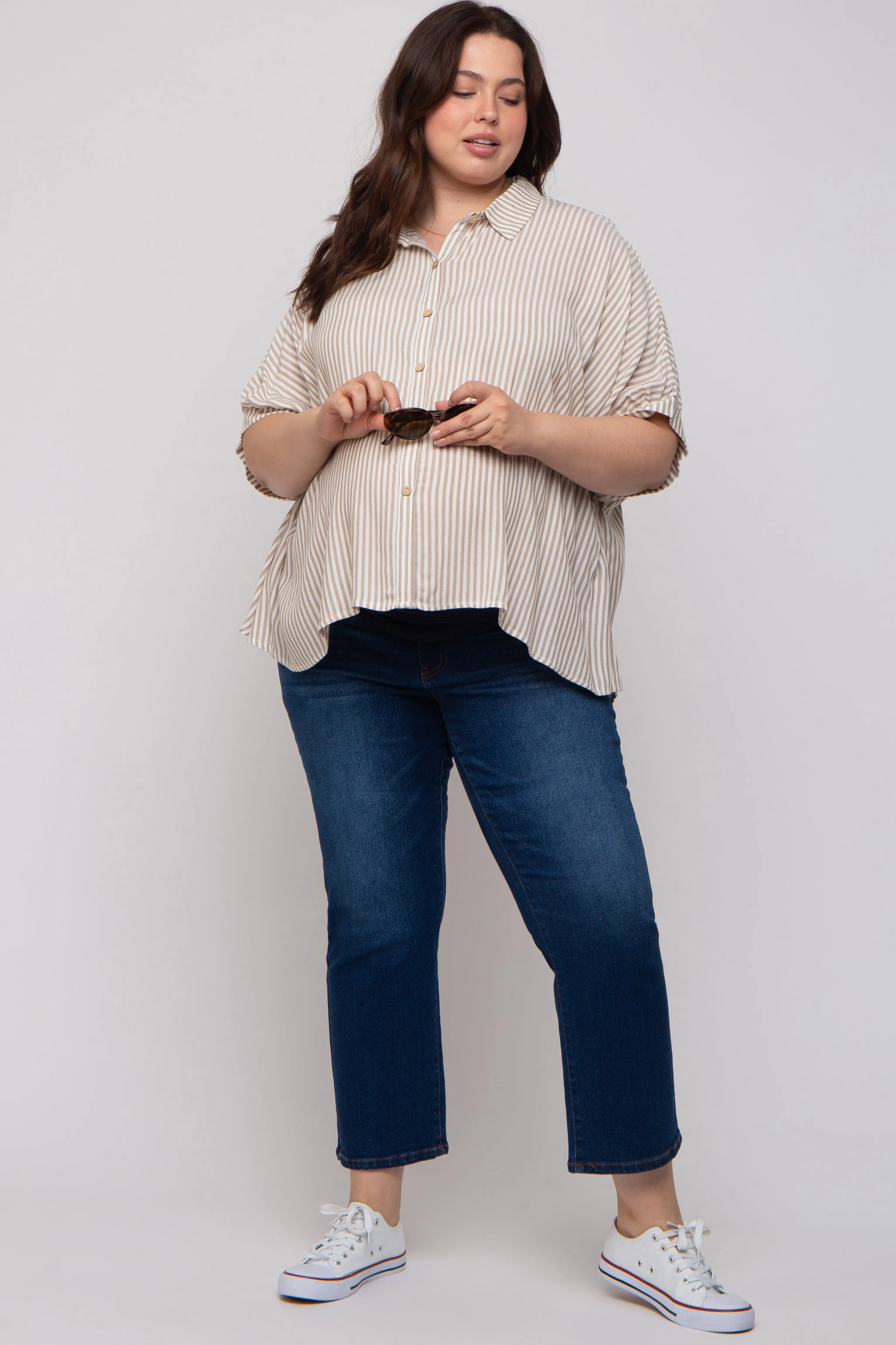 Taupe Striped Button Up Short Dolman Sleeve Maternity Plus Top sold by Pinkblush