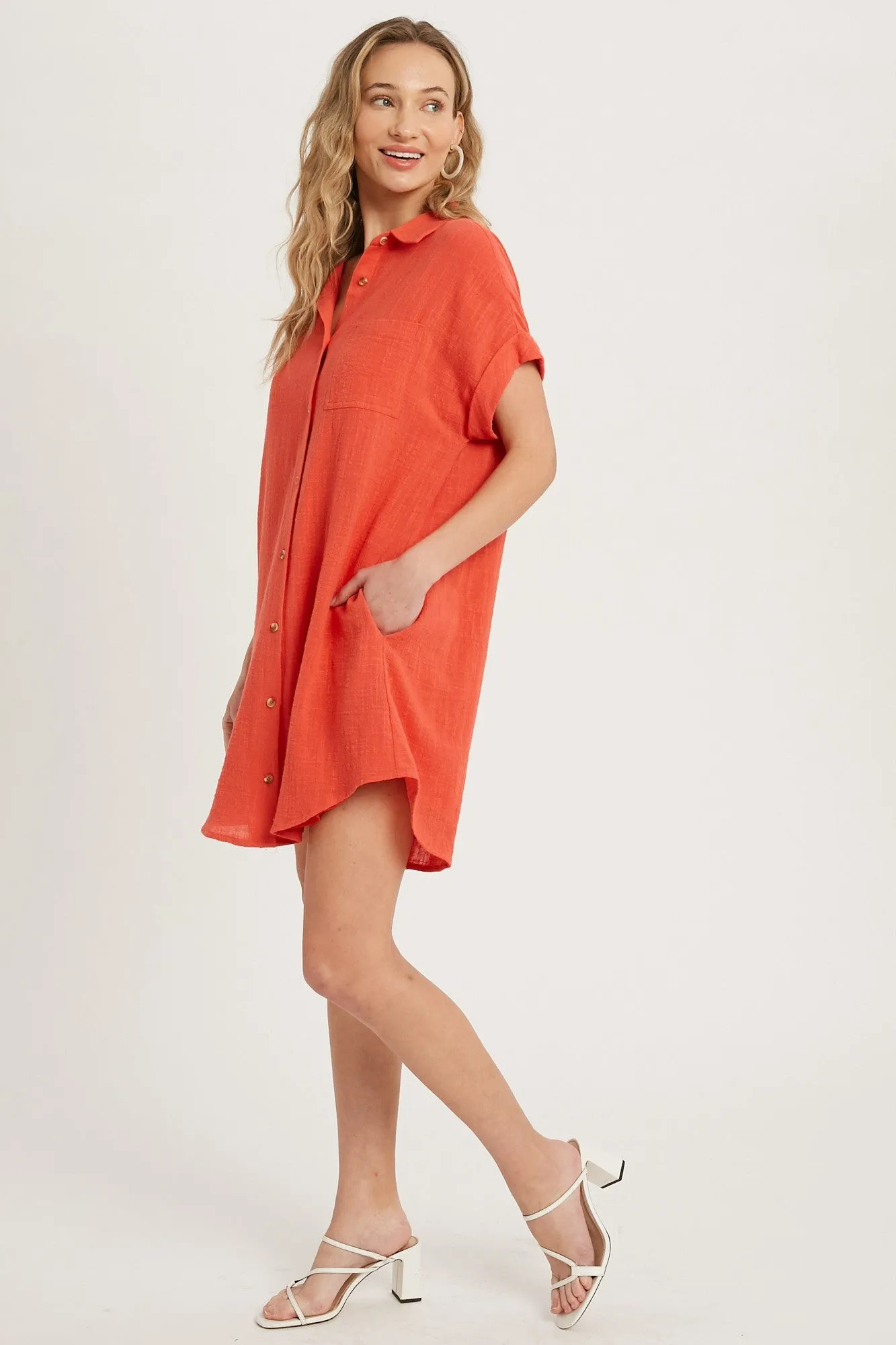 Coral Button Up Shirt Dress With Pocket sold by Pinkblush product image thumbnail 3