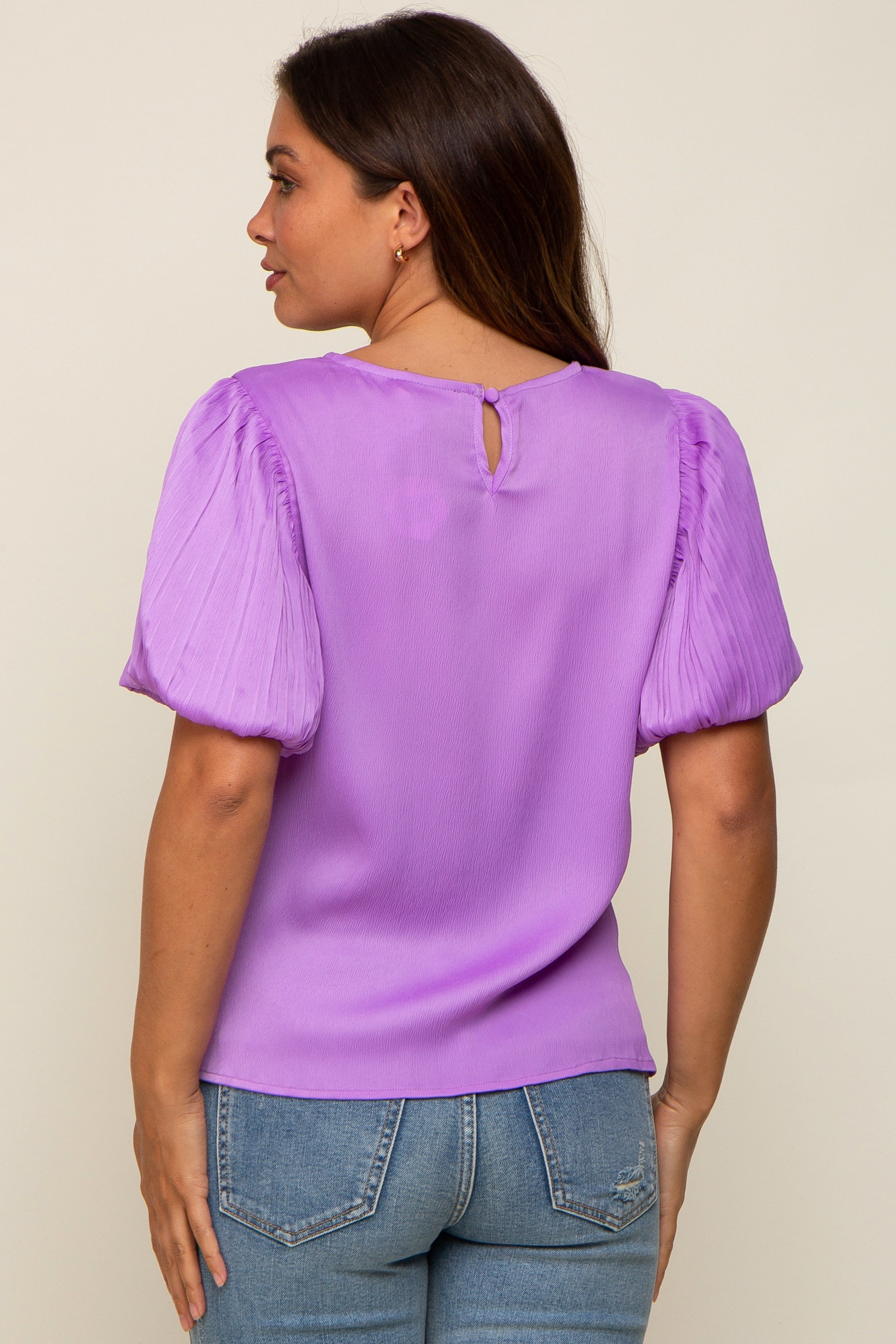 Lavender Satin Pleated Puff Short Sleeve Maternity Blouse sold by Pinkblush product image thumbnail 4