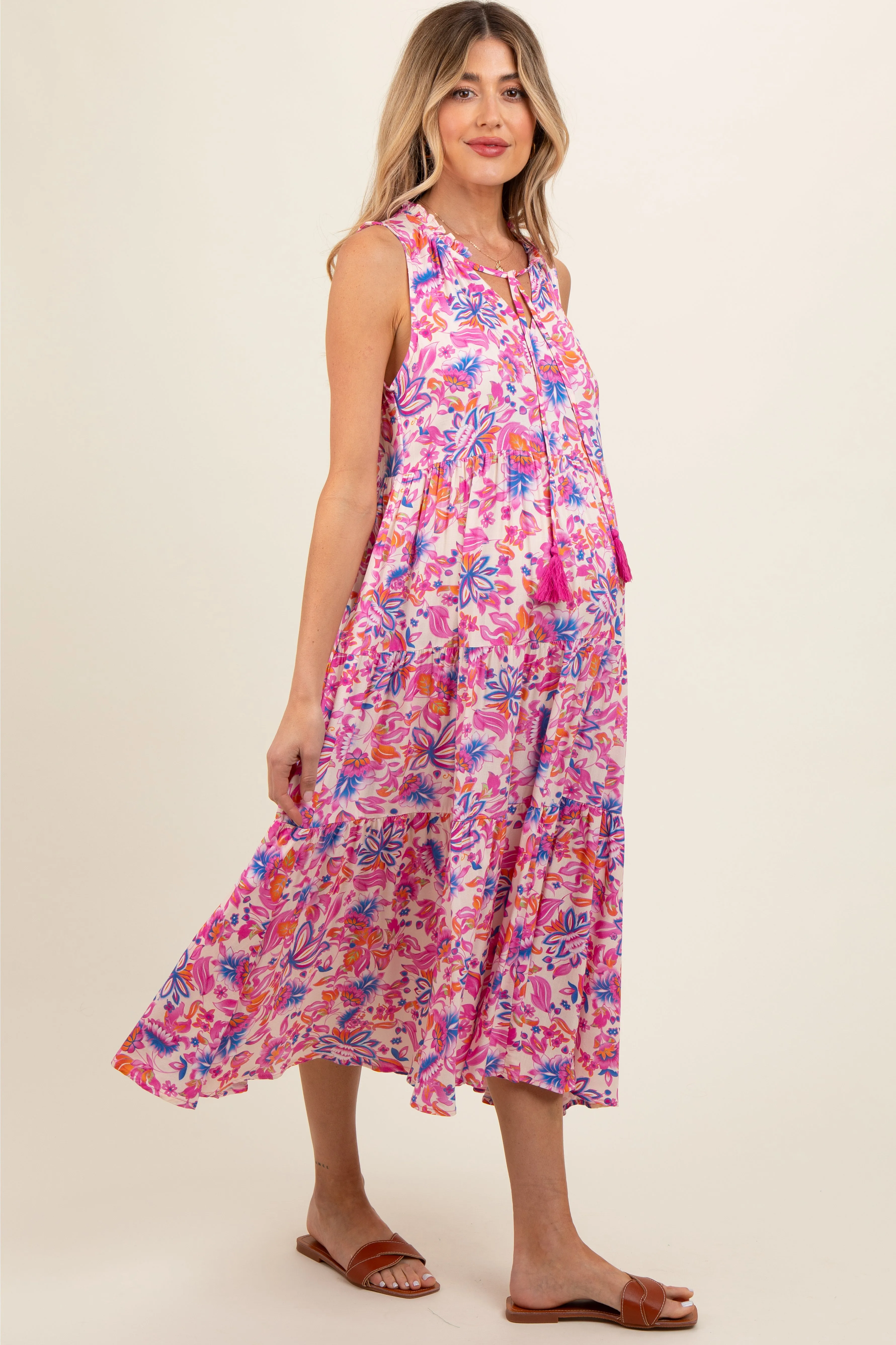 Magenta Floral Ruffle Mock Neck Tiered Sleeveless Maternity Midi Dress sold by Pinkblush product image thumbnail 3