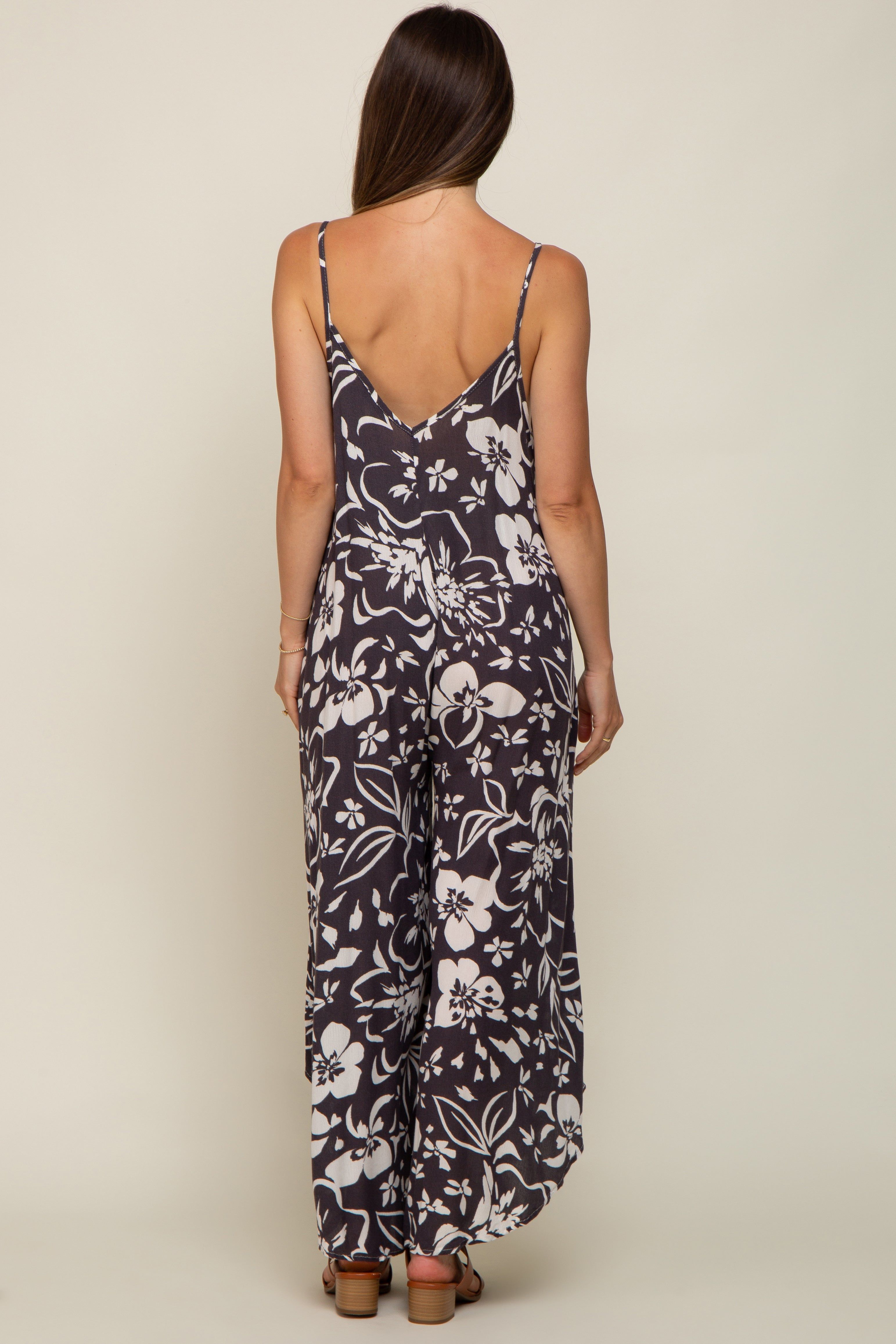 Charcoal Tropical Floral V-Neck Round Hem Maternity Jumpsuit sold by Pinkblush product image thumbnail 2