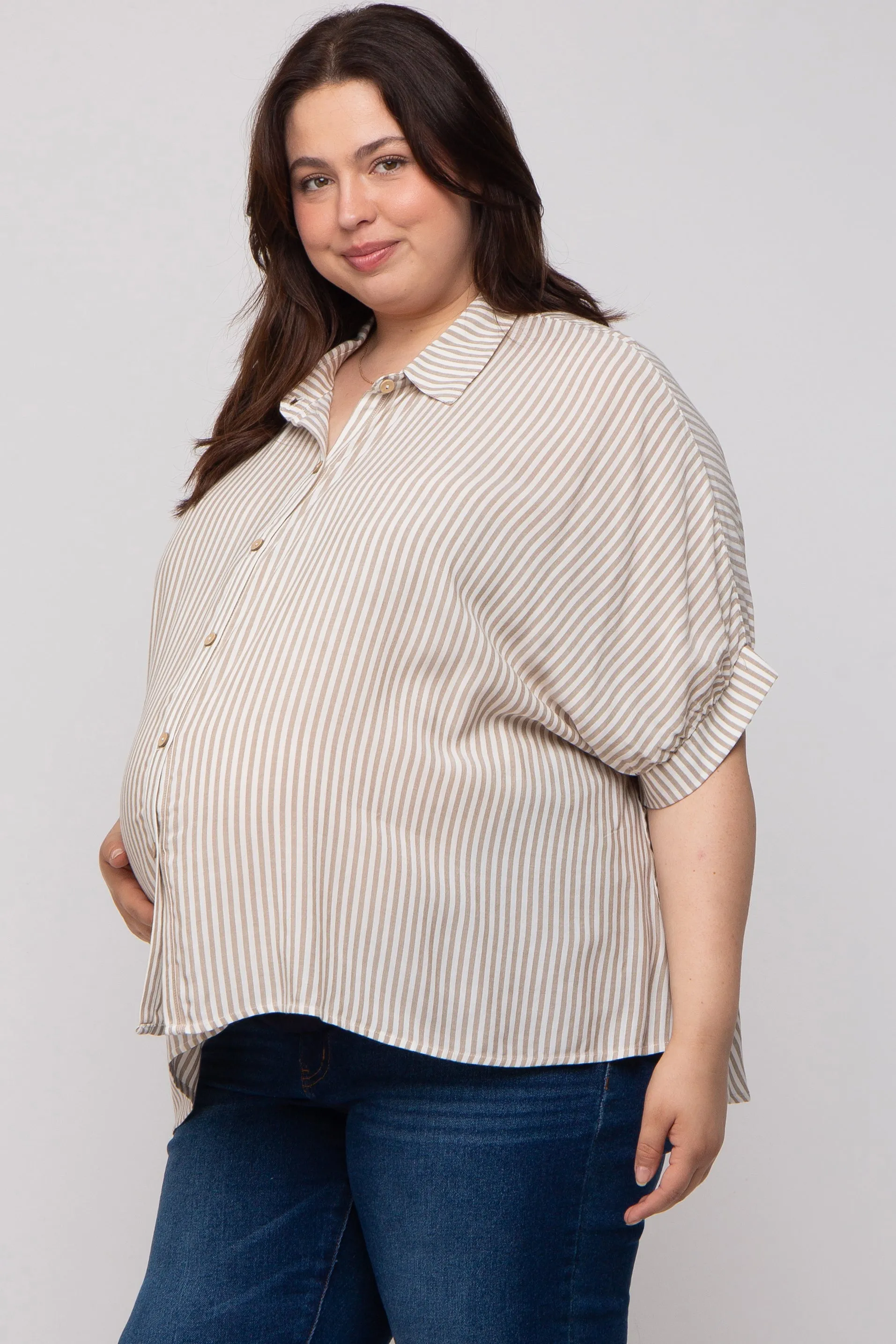 Taupe Striped Button Up Short Dolman Sleeve Maternity Plus Top sold by Pinkblush product image thumbnail 2