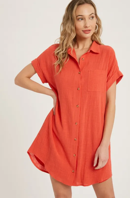 Coral Button Up Shirt Dress With Pocket sold by Pinkblush