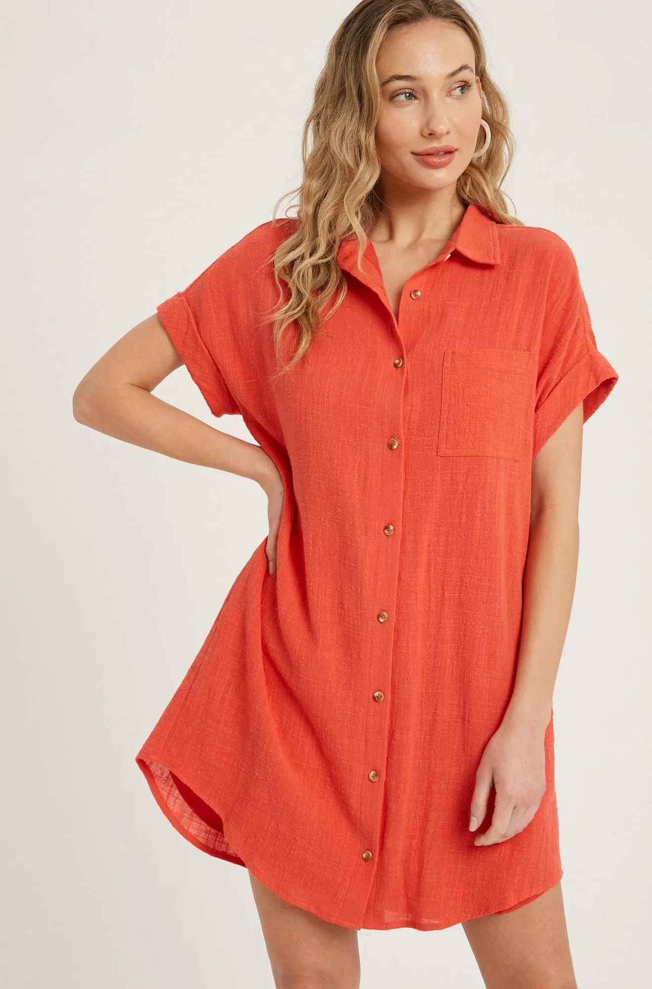 Coral Button Up Shirt Dress With Pocket sold by Pinkblush