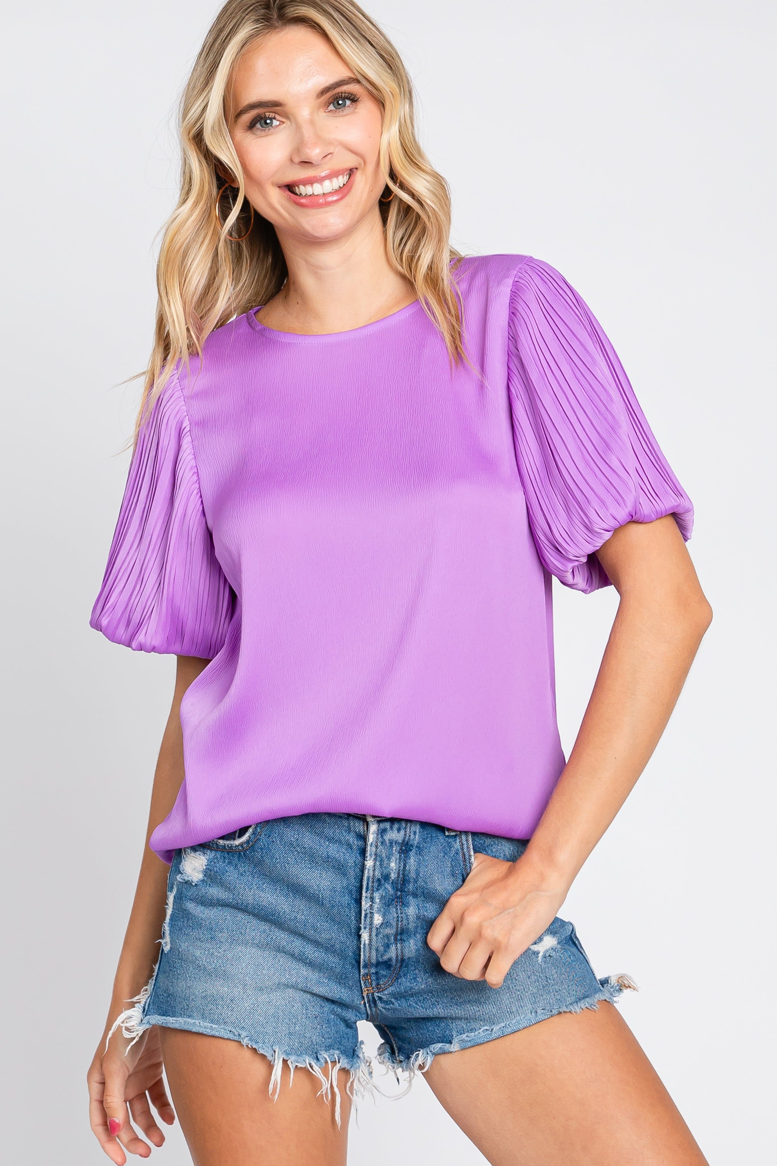 Lavender Satin Pleated Puff Short Sleeve Maternity Blouse sold by Pinkblush product image thumbnail 5