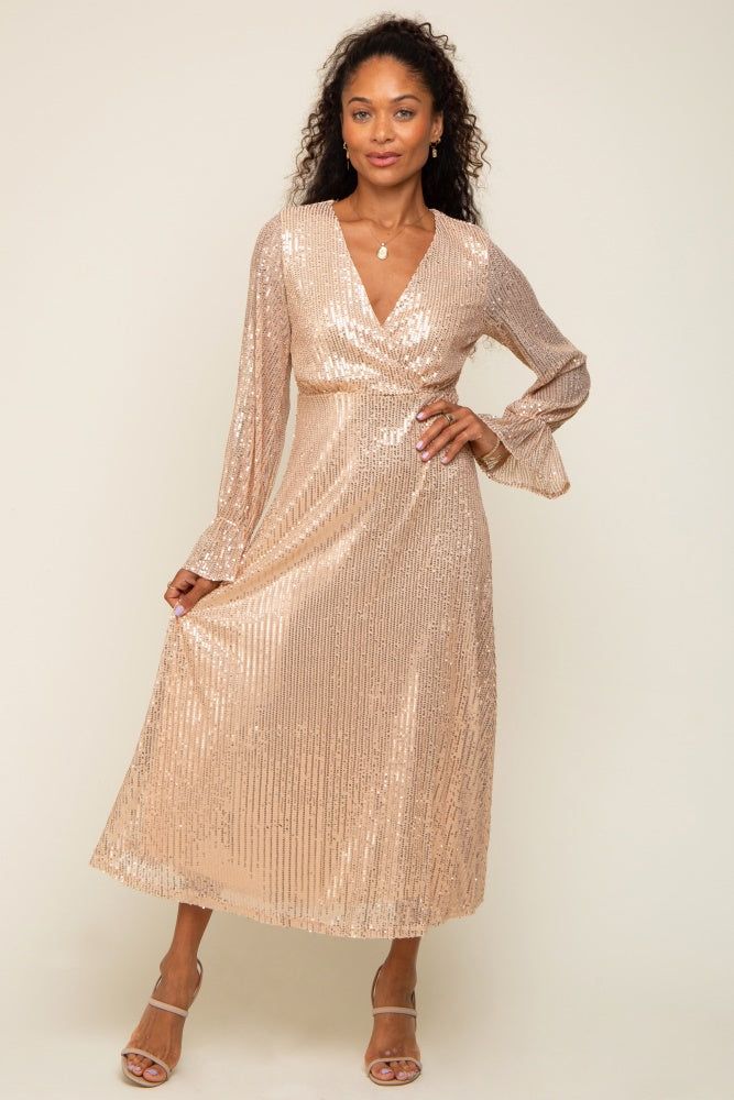 Gold Sequin Long Sleeve Wrap Maxi Dress sold by Pinkblush product image thumbnail 4