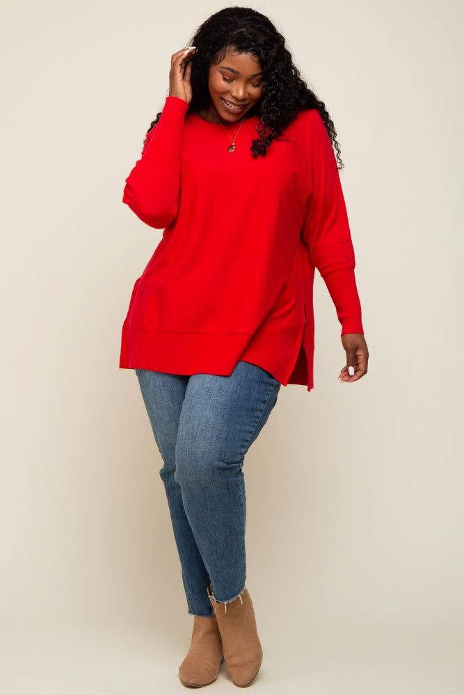Red Dolman Sleeve Side Slit Plus Sweater sold by Pinkblush product image thumbnail 4