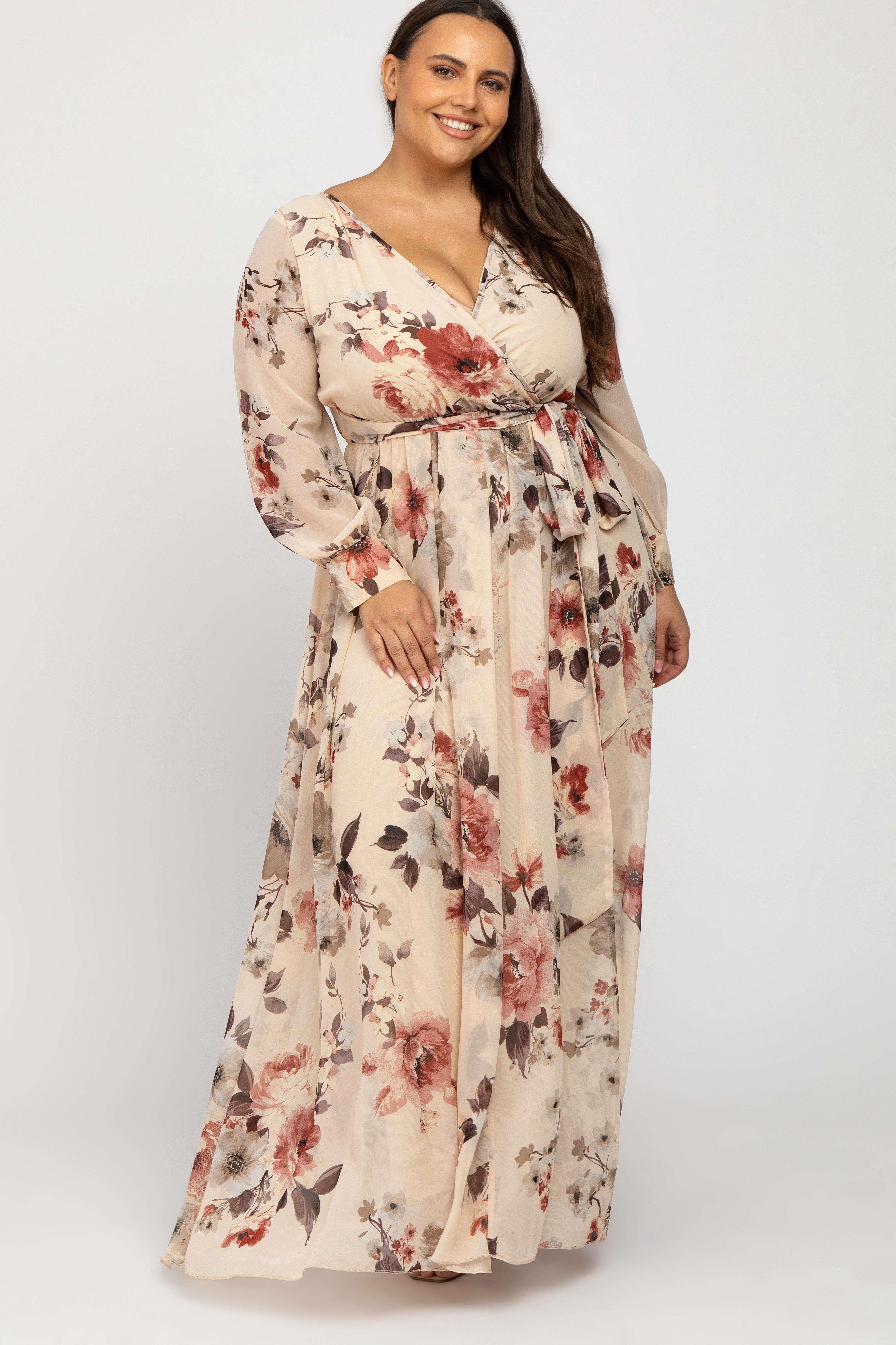 Cream Floral Chiffon Maternity Plus Maxi Dress sold by Pinkblush product image thumbnail 4