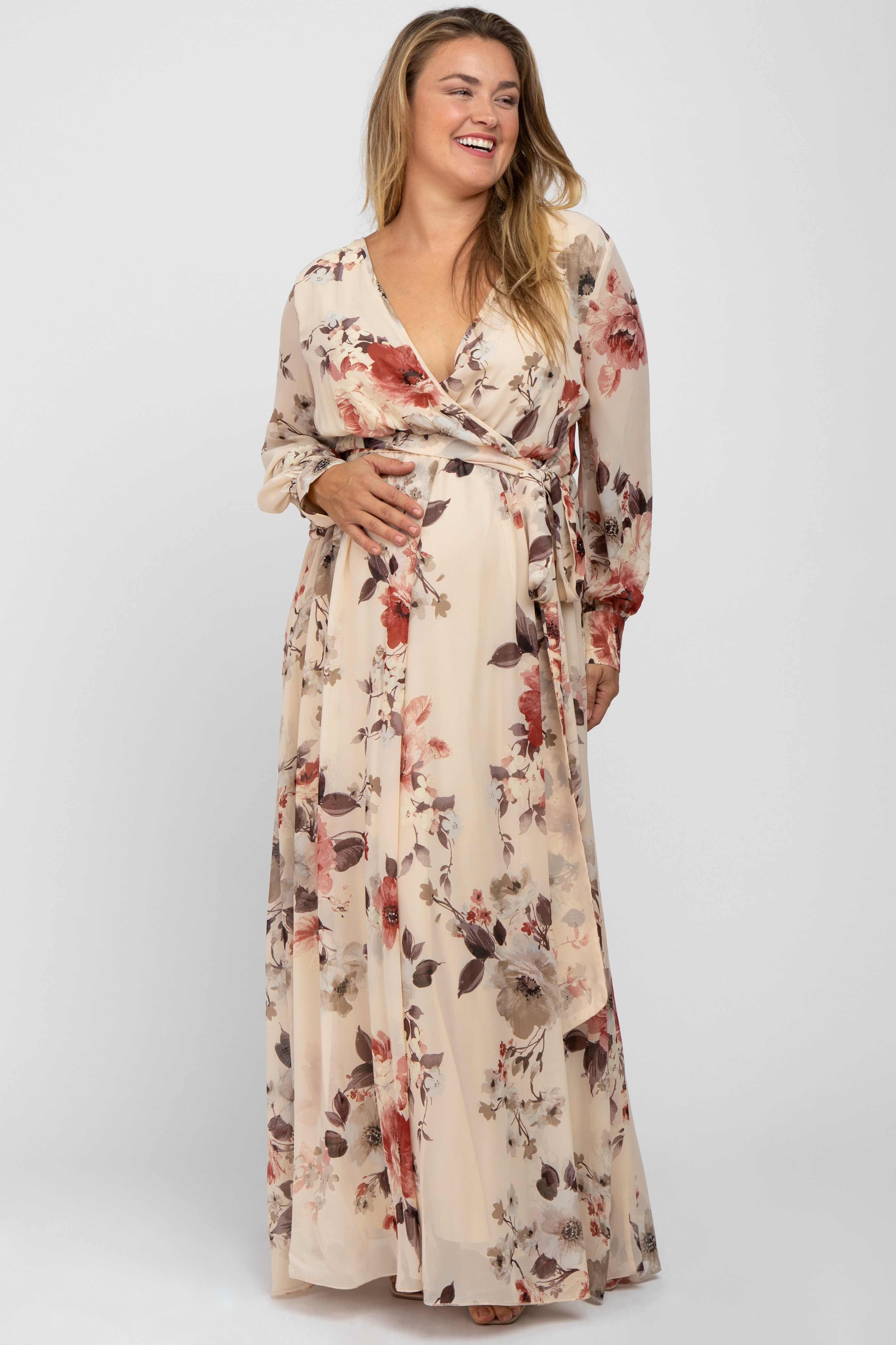 Cream Floral Chiffon Maternity Plus Maxi Dress sold by Pinkblush
