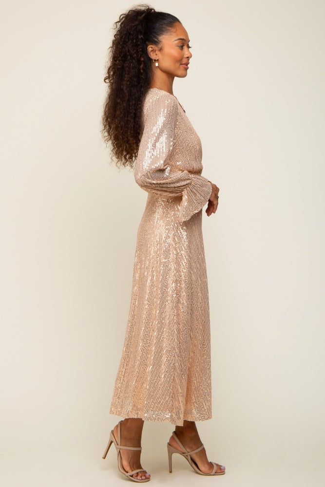 Gold Sequin Long Sleeve Wrap Maxi Dress sold by Pinkblush product image thumbnail 2