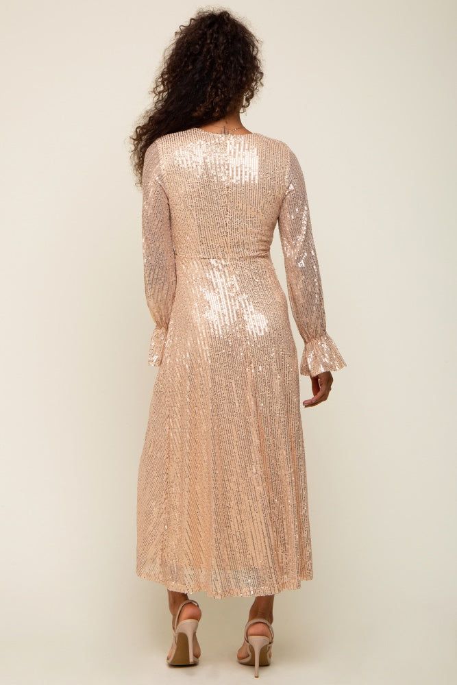 Gold Sequin Long Sleeve Wrap Maxi Dress sold by Pinkblush product image thumbnail 3