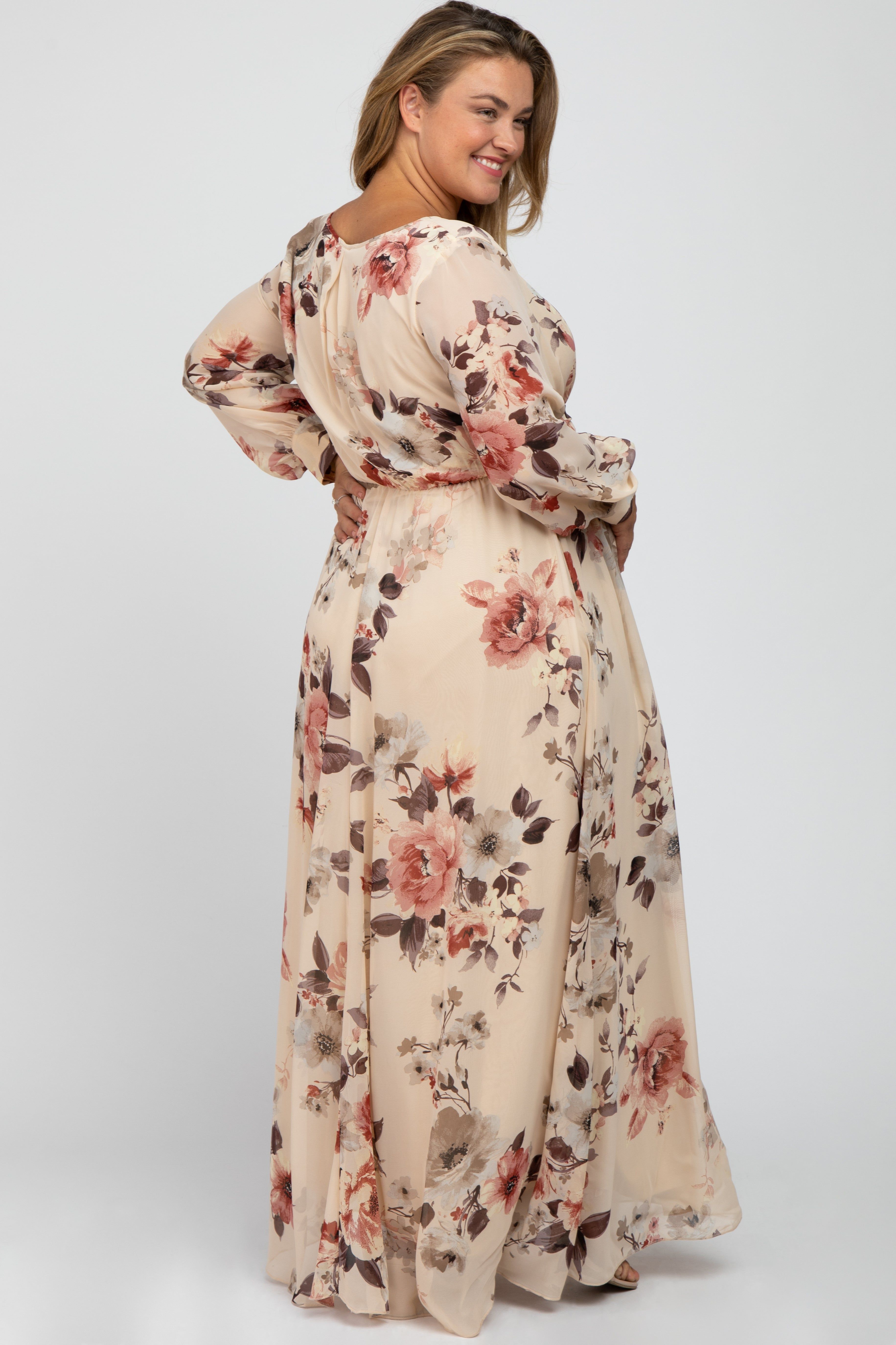 Cream Floral Chiffon Maternity Plus Maxi Dress sold by Pinkblush product image thumbnail 3