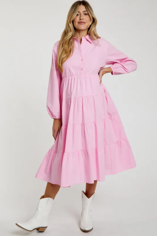 Pink Tiered Collared Maternity Midi Dress sold by Pinkblush
