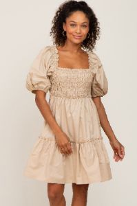 Beige Smocked Ruffle Accent Puff Sleeve Maternity Dress sold by Pinkblush
