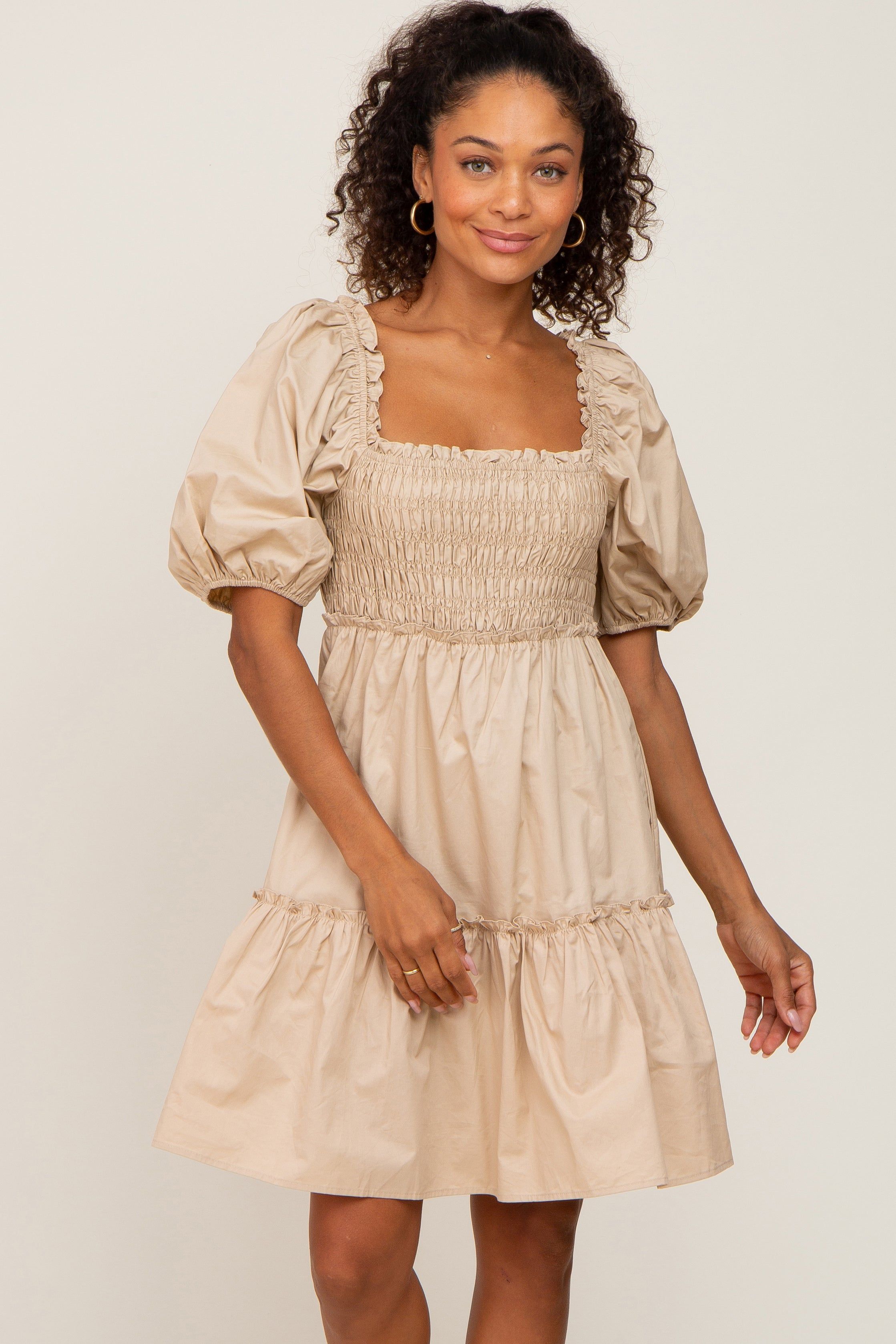 Beige Smocked Ruffle Accent Puff Sleeve Maternity Dress sold by Pinkblush product image thumbnail 5