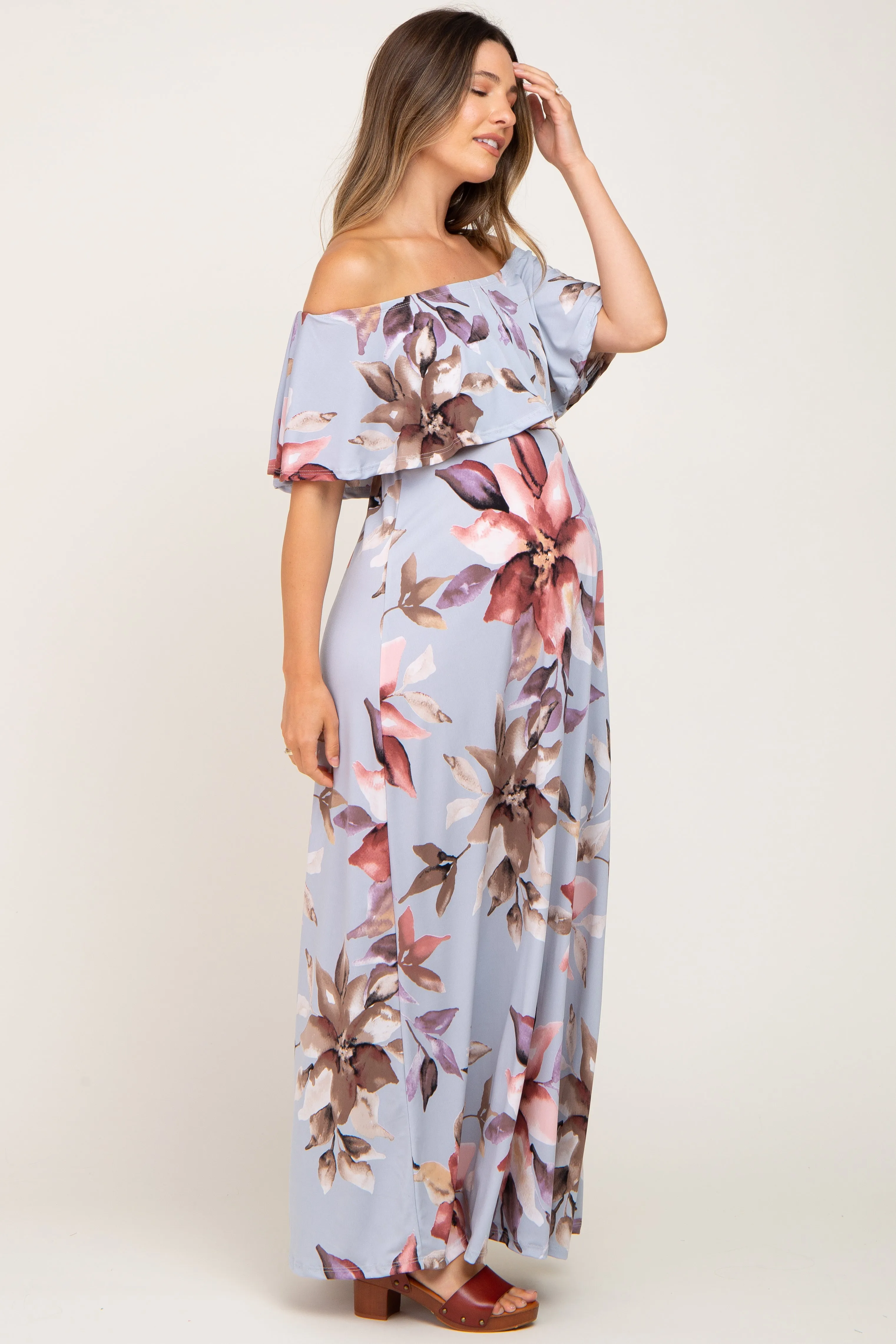 Light Blue Floral Off Shoulder Maternity Maxi Dress sold by Pinkblush product image thumbnail 2