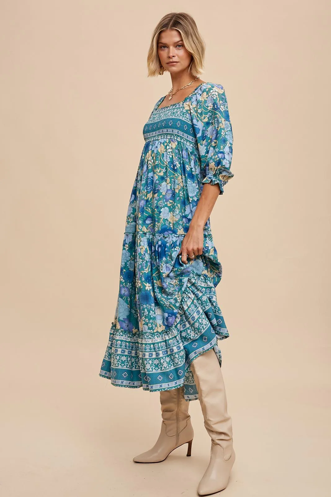 Teal Floral Smocked Half-Length Sleeves Midi Dress sold by Pinkblush product image thumbnail 3