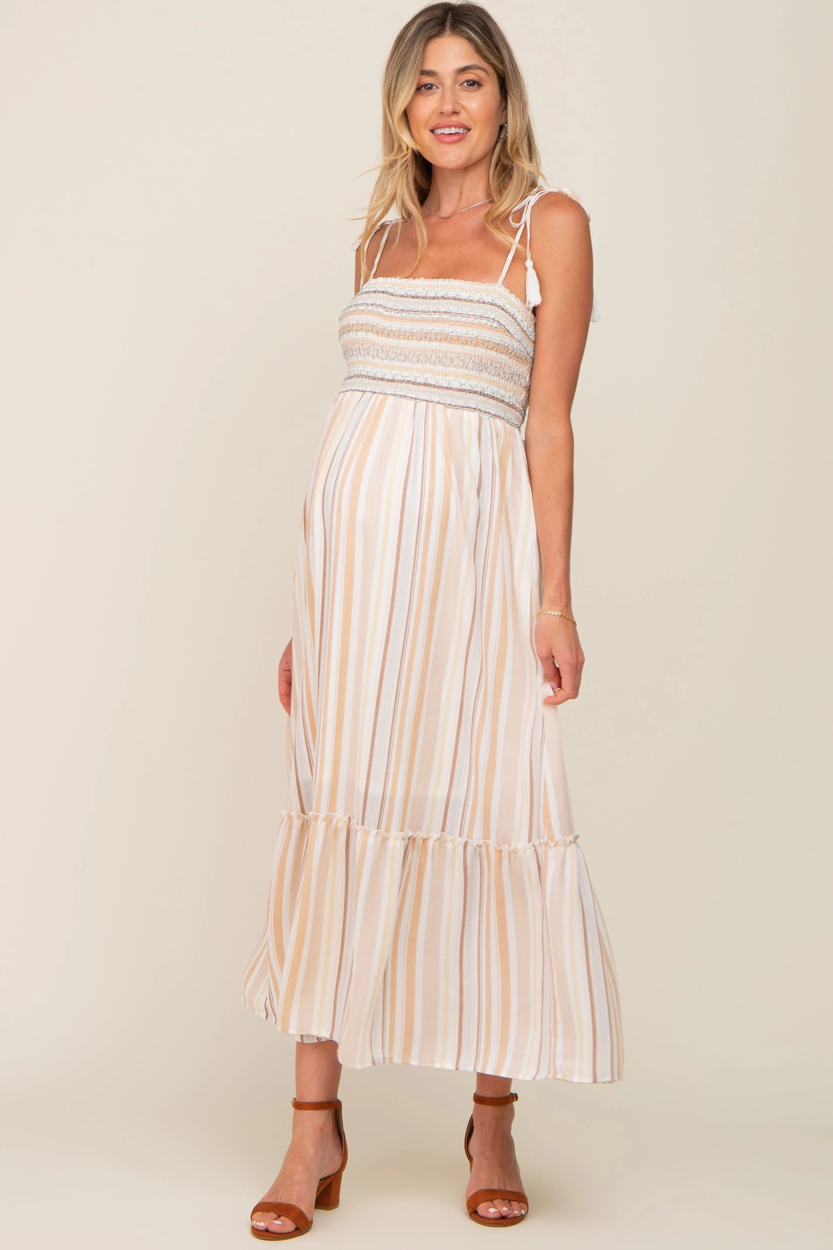 Ivory Striped Smocked Shoulder Tie Maternity Maxi Dress sold by Pinkblush product image thumbnail 4