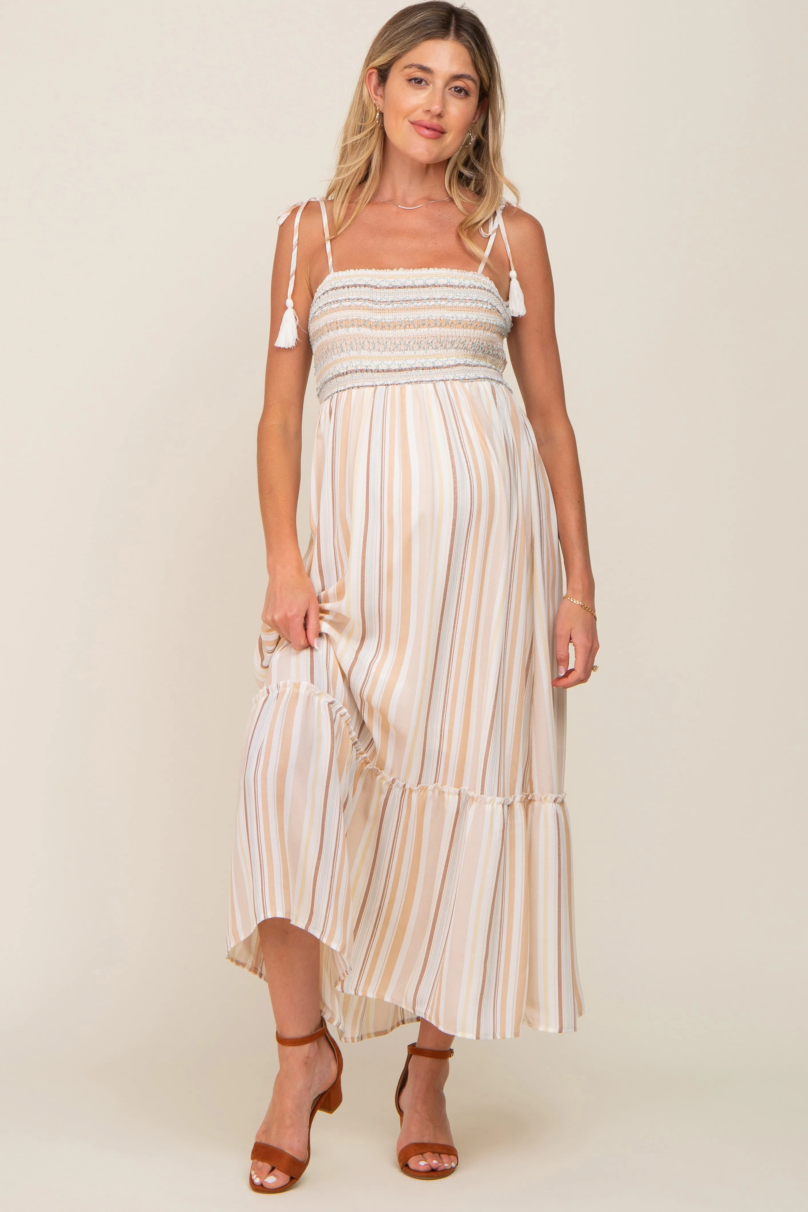 Ivory Striped Smocked Shoulder Tie Maternity Maxi Dress sold by Pinkblush