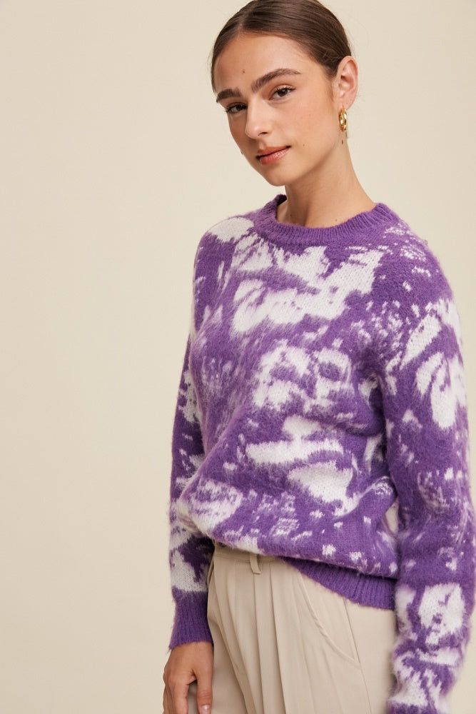 Purple Flower Design Fuzzy Crew Neck Sweater sold by Pinkblush product image thumbnail 2