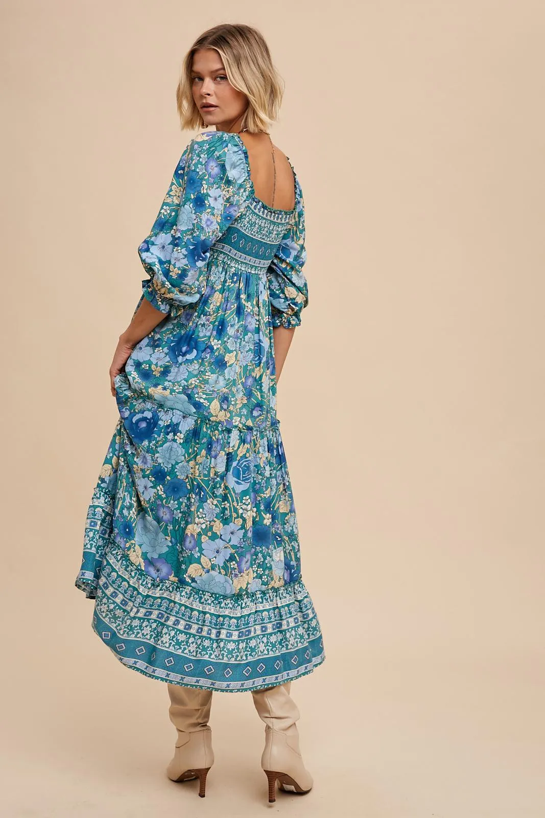 Teal Floral Smocked Half-Length Sleeves Midi Dress sold by Pinkblush product image thumbnail 4