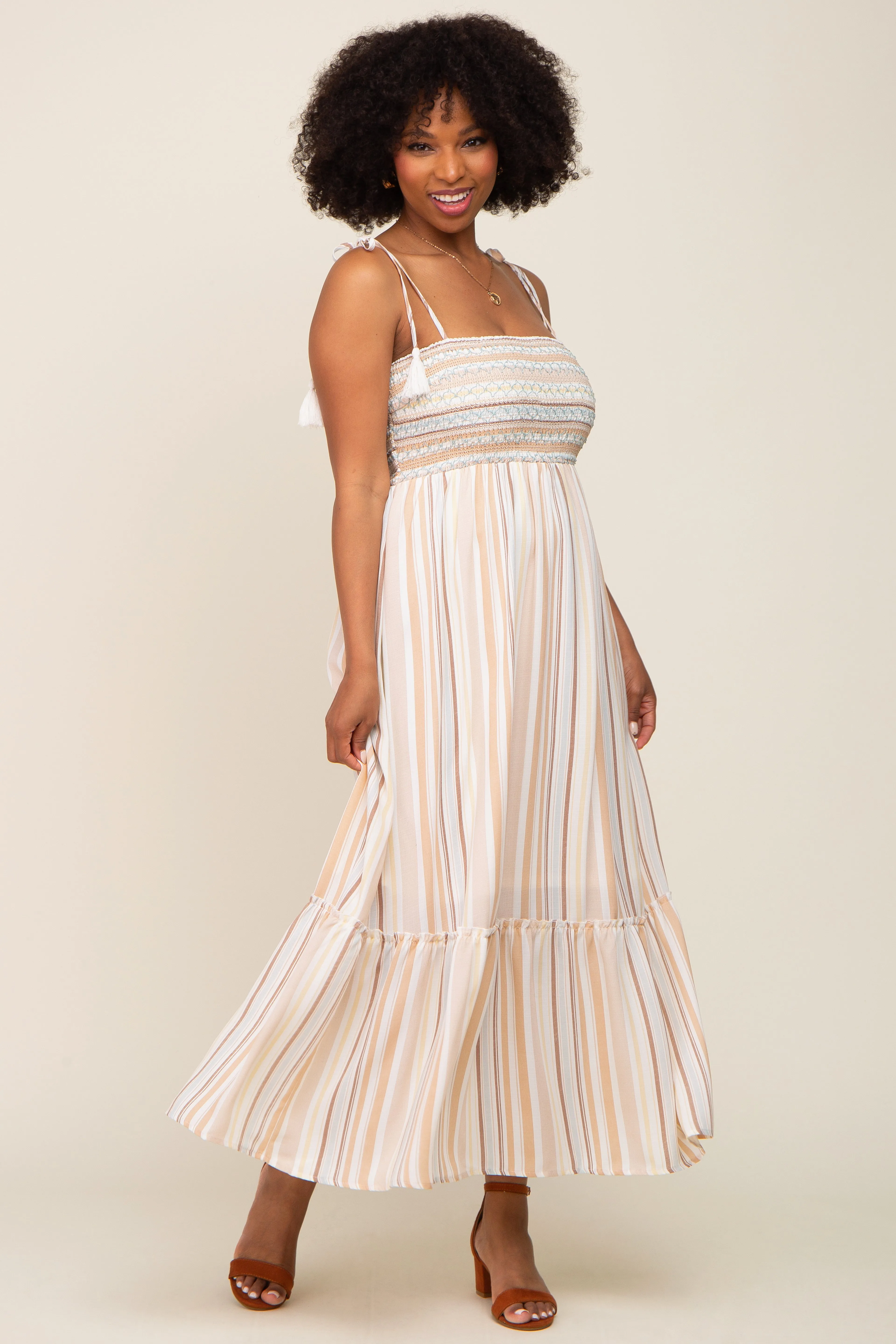 Ivory Striped Smocked Shoulder Tie Maternity Maxi Dress sold by Pinkblush product image thumbnail 5
