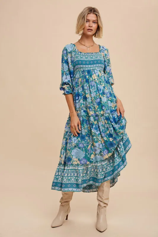 Teal Floral Smocked Half-Length Sleeves Midi Dress sold by Pinkblush