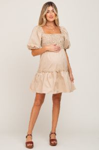 Beige Smocked Ruffle Accent Puff Sleeve Maternity Dress sold by Pinkblush