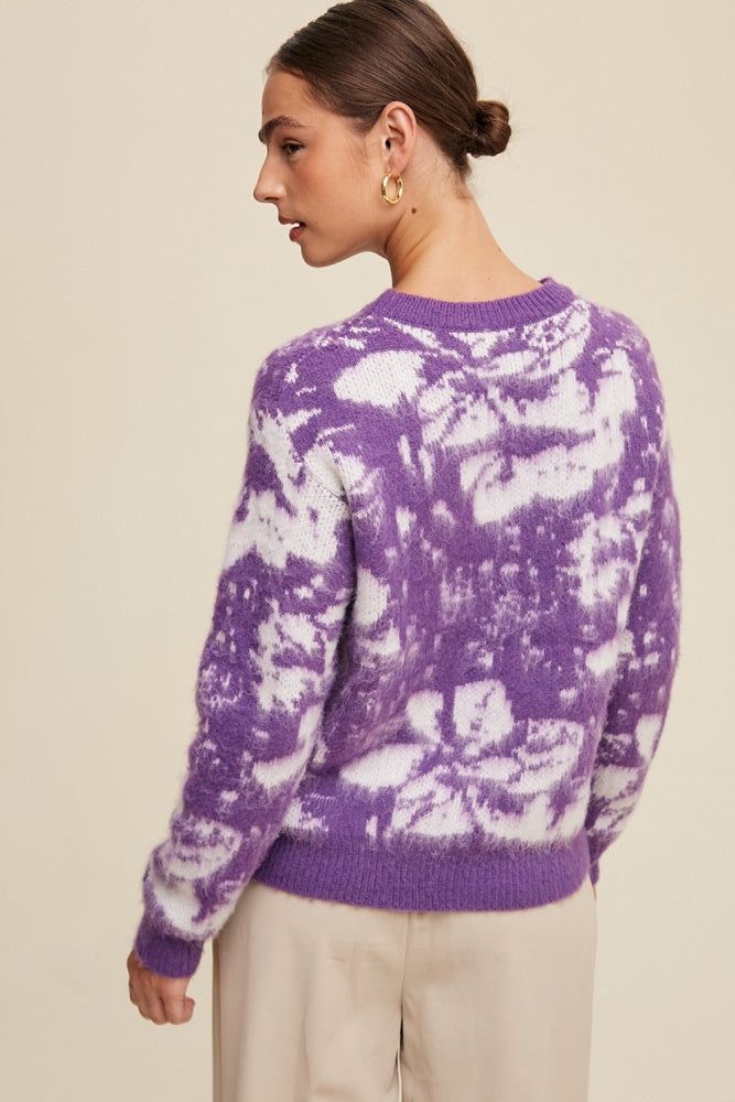 Purple Flower Design Fuzzy Crew Neck Sweater sold by Pinkblush product image thumbnail 3