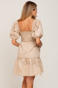 Beige Smocked Ruffle Accent Puff Sleeve Maternity Dress sold by Pinkblush