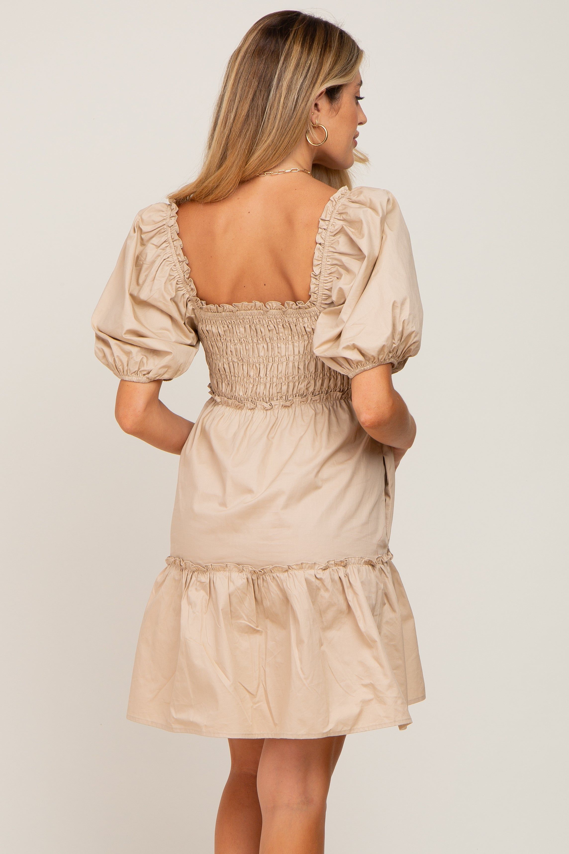 Beige Smocked Ruffle Accent Puff Sleeve Maternity Dress sold by Pinkblush product image thumbnail 3