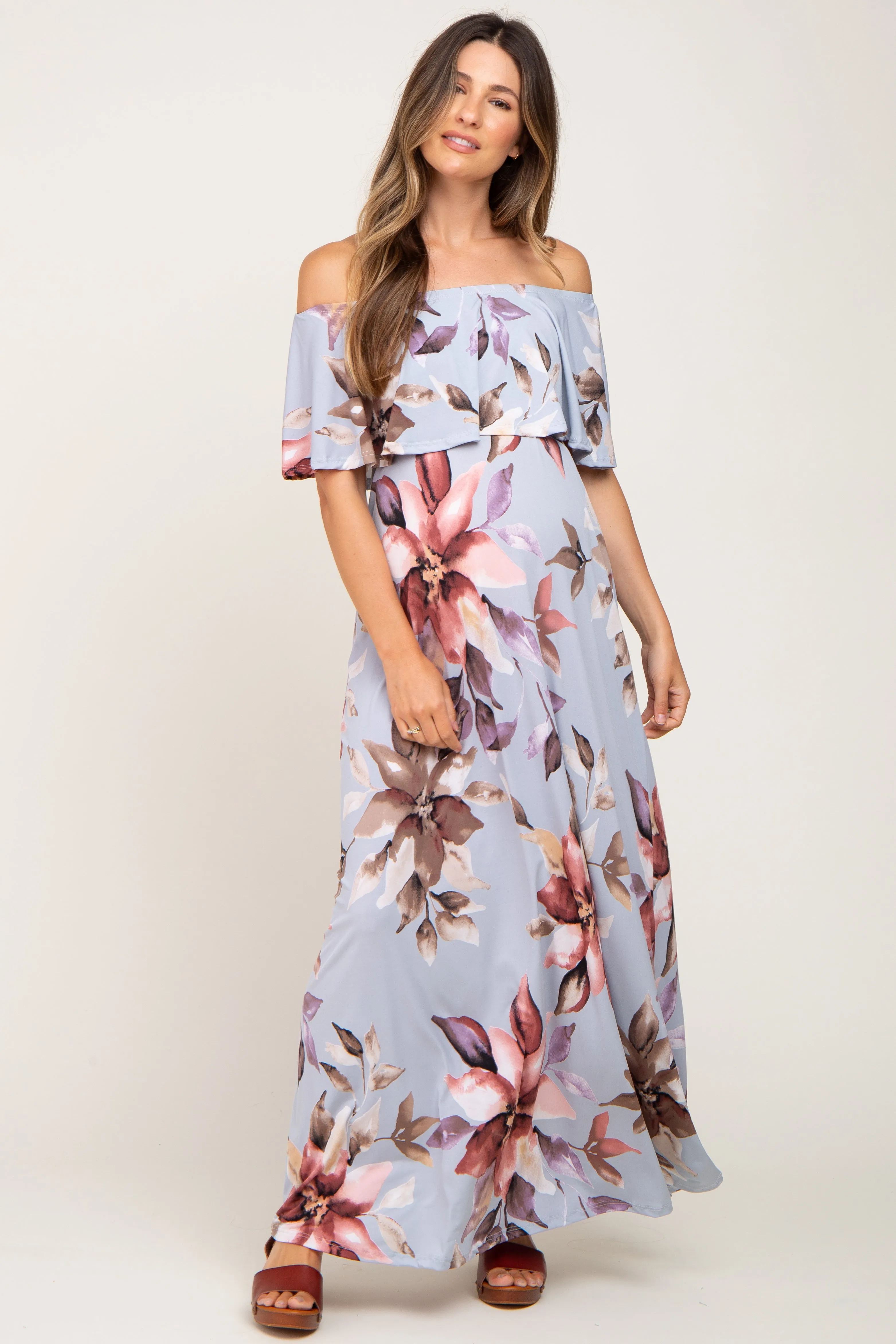 Light Blue Floral Off Shoulder Maternity Maxi Dress sold by Pinkblush