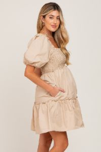 Beige Smocked Ruffle Accent Puff Sleeve Maternity Dress sold by Pinkblush