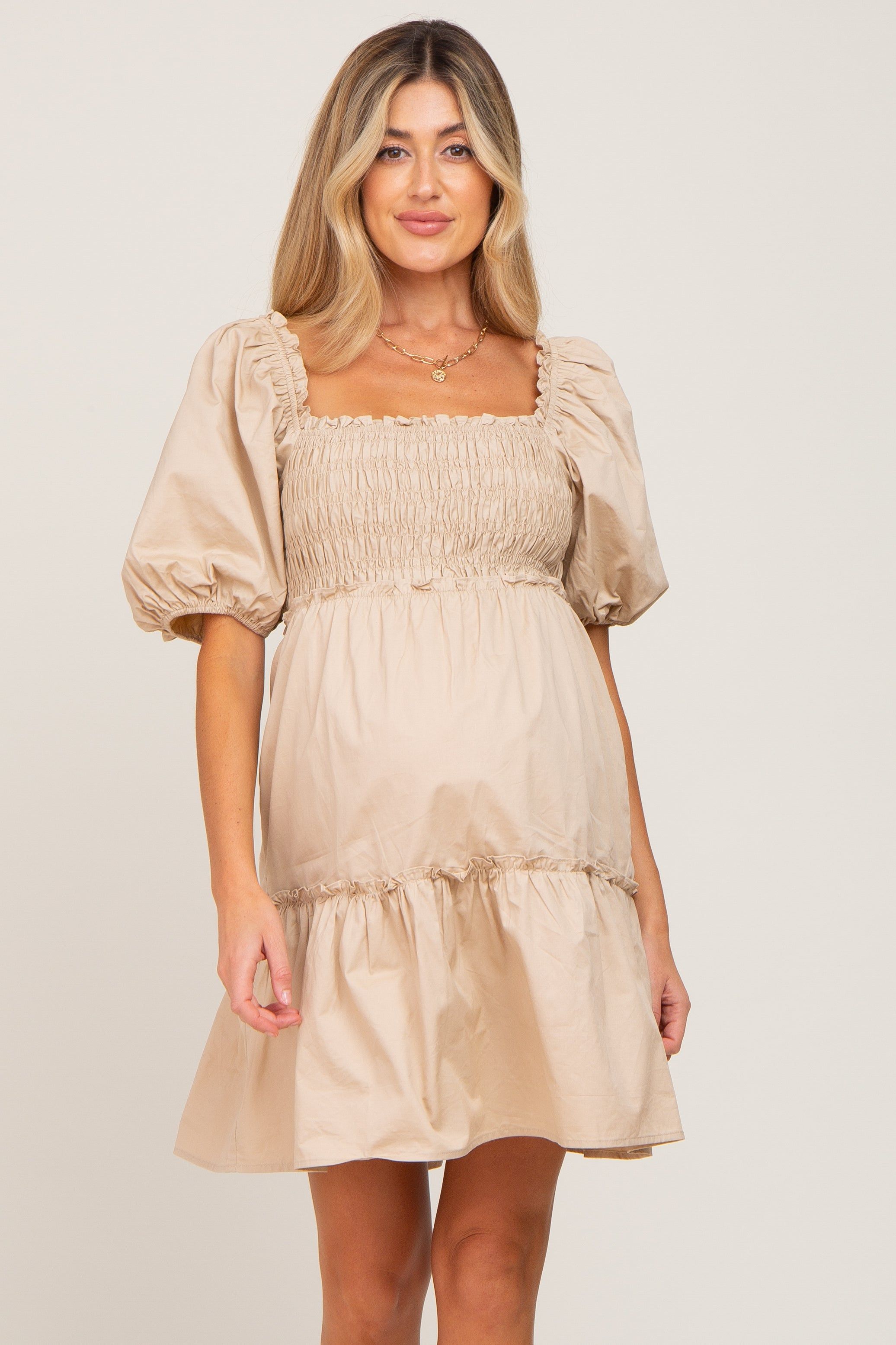 Beige Smocked Ruffle Accent Puff Sleeve Maternity Dress sold by Pinkblush