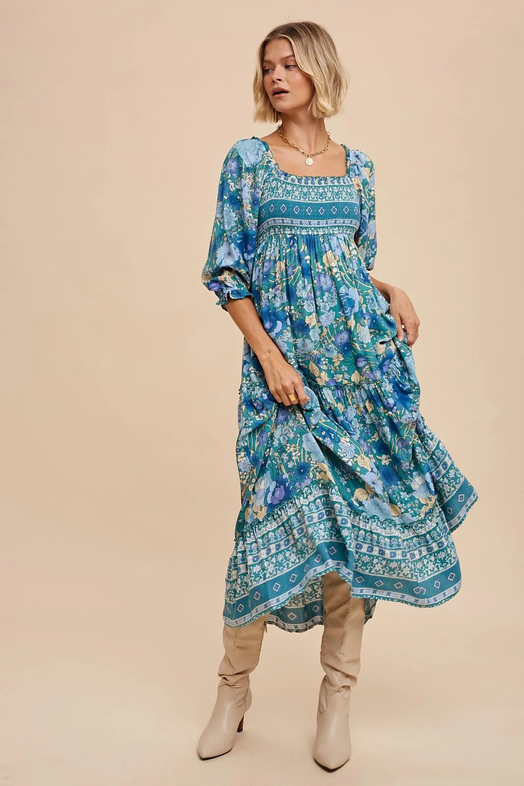 Teal Floral Smocked Half-Length Sleeves Midi Dress sold by Pinkblush product image thumbnail 5