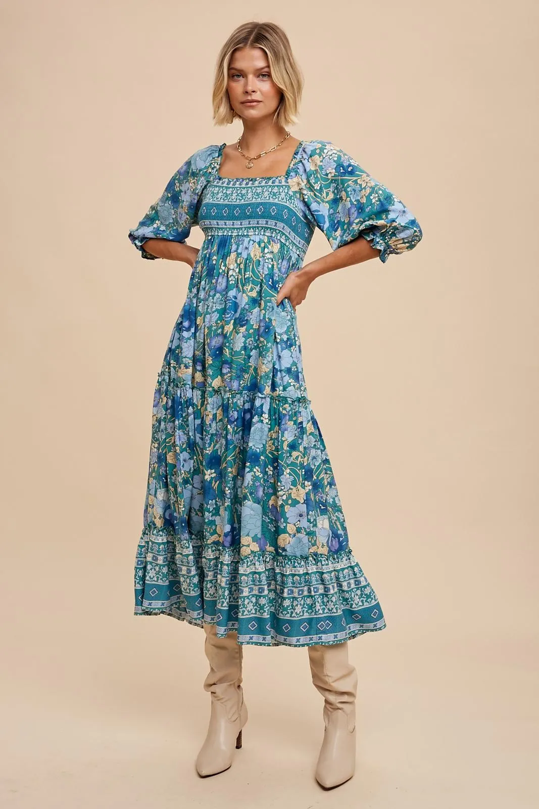 Teal Floral Smocked Half-Length Sleeves Midi Dress sold by Pinkblush product image thumbnail 2