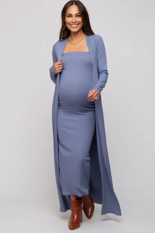 Blue Ribbed Sleeveless Dress Cardigan Maternity Set sold by Pinkblush