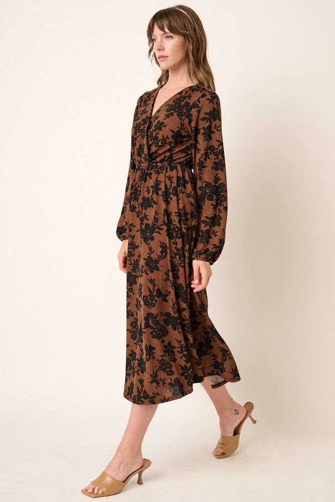 Mocha Flower Print Long Sleeve Surplice Midi Dress sold by Pinkblush product image thumbnail 2