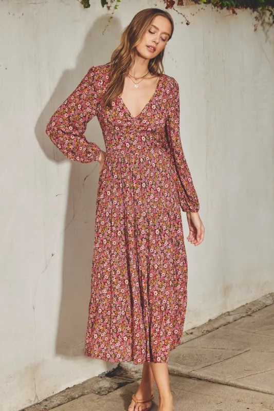 Berry Ditsy Flower Tie-Back Tiered Dress sold by Pinkblush